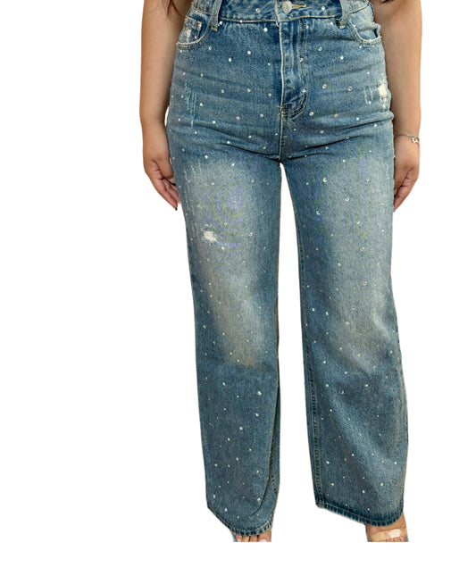 Mid Rise Rhinestone Jeans