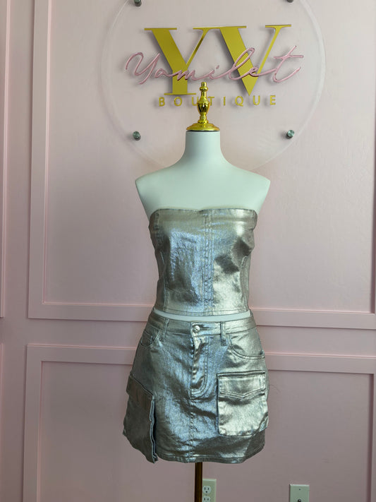 metalilc top and metallic skirt